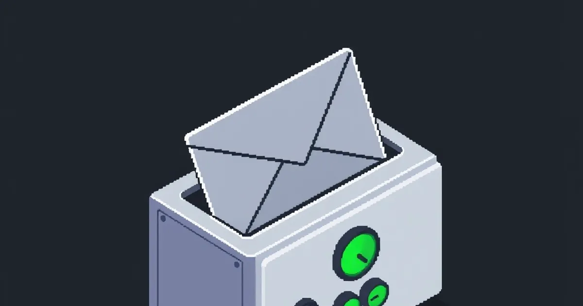 An envelope sliding into a machine with three glowing gauges, pixel-art illustration
