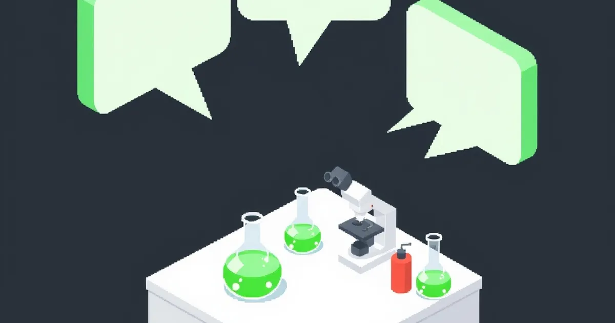 A lab desk with a microscope, green flasks and three empty speech bubbles, pixel-art illustration