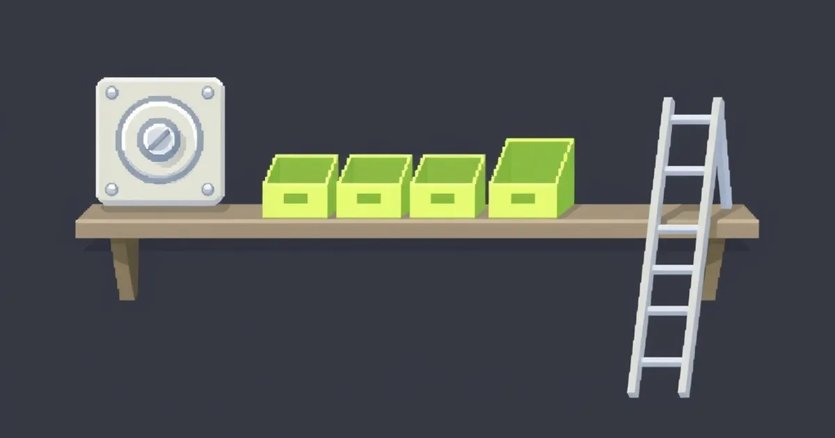 A round switch, three sorting boxes and a short ladder on a shelf, pixel-art illustration