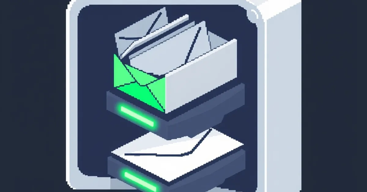 An inbox of envelopes being sorted by a machine into glowing trays, pixel-art illustration