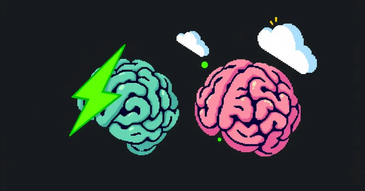 A fast brain with a lightning bolt beside a slower brain under weather clouds, pixel-art illustration