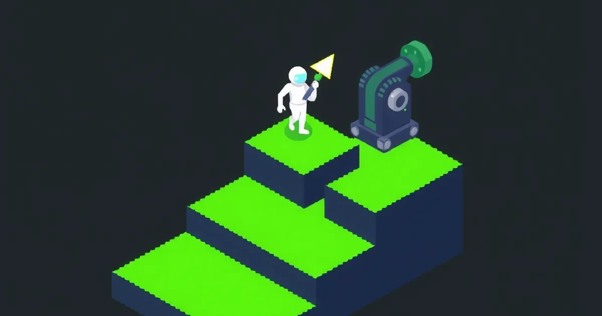 Three ascending steps representing acceleration, augmentation and automation, pixel-art illustration