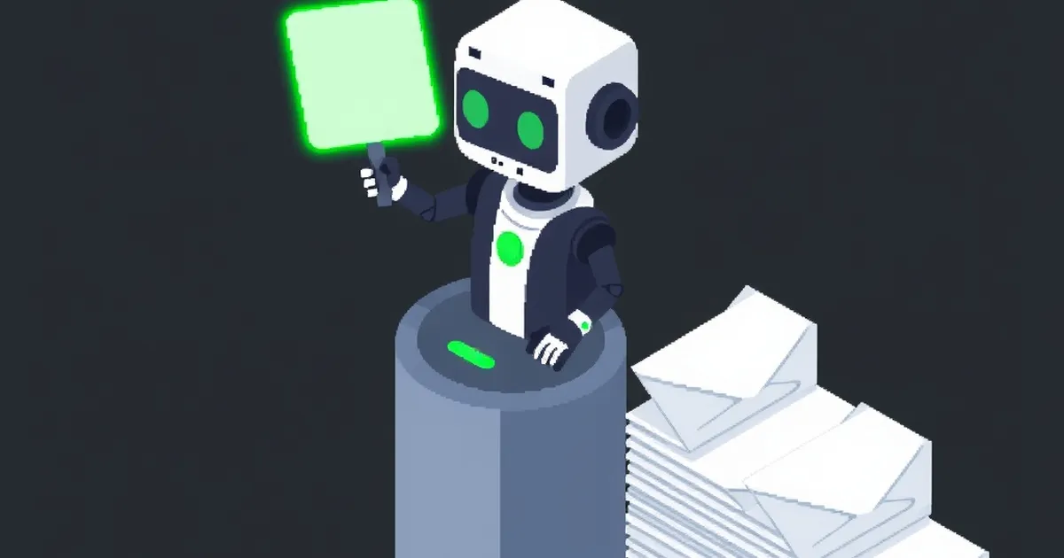 A small robot judge raising a blank green paddle beside a stack of envelopes, pixel-art illustration