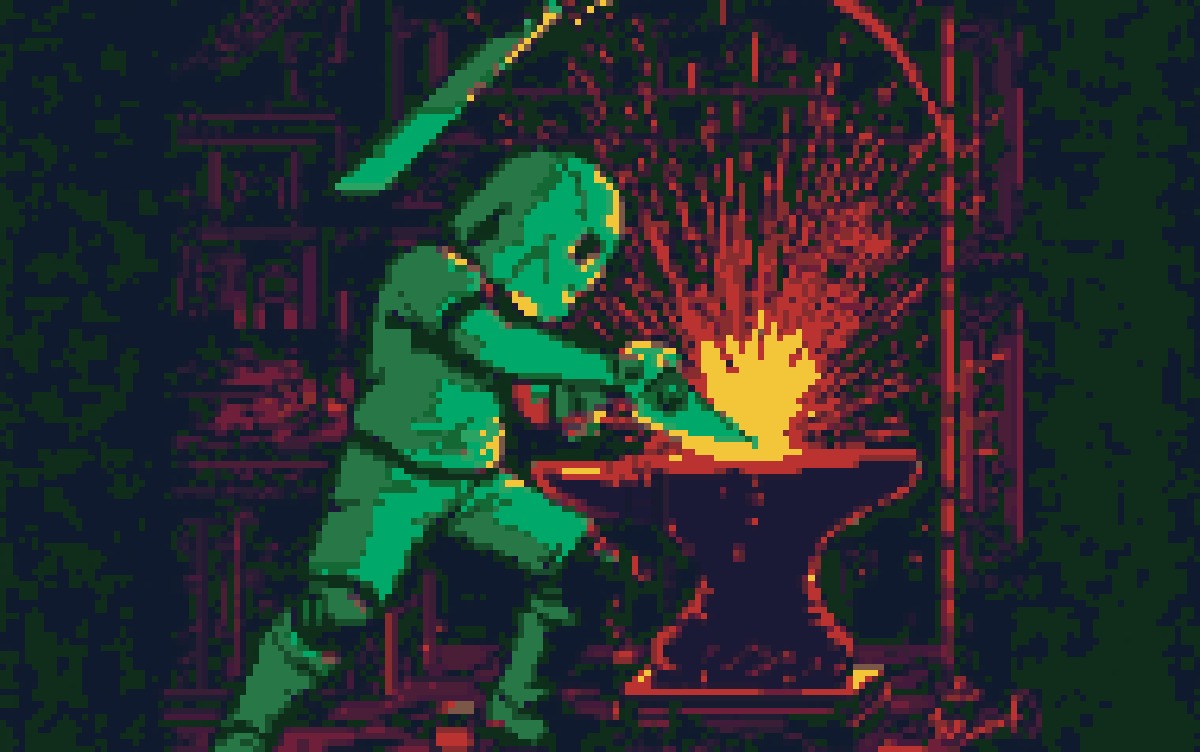A blacksmith mid-swing striking a glowing green blade, sparks flying, in Cocoon pixel art