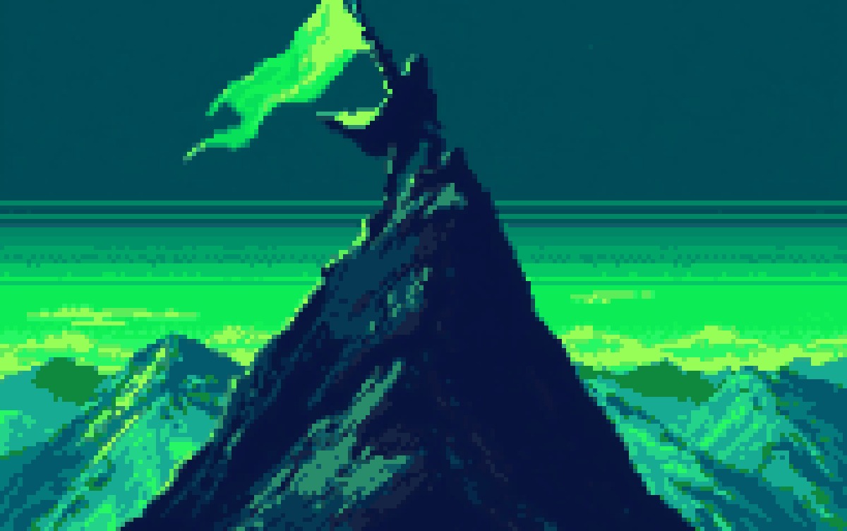 A lone figure planting a glowing green flag at a mountain summit, in Cocoon pixel art