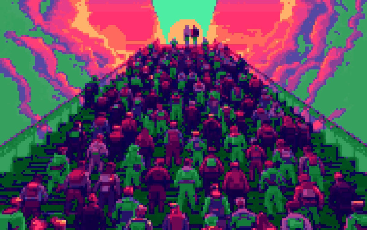 A crowd of people of every age climbing a glowing staircase of light toward a bright sky, in Cocoon pixel art