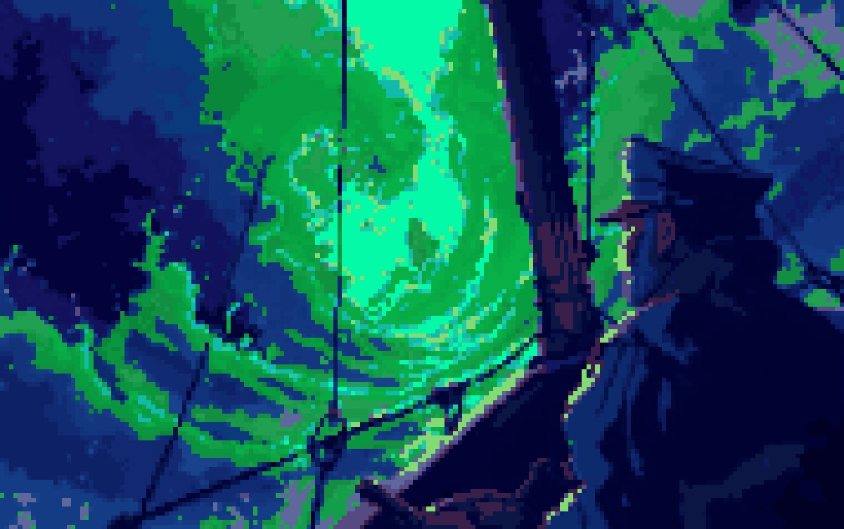 A ship captain steering hard through storm waves toward a break of glowing green sky, in Cocoon pixel art