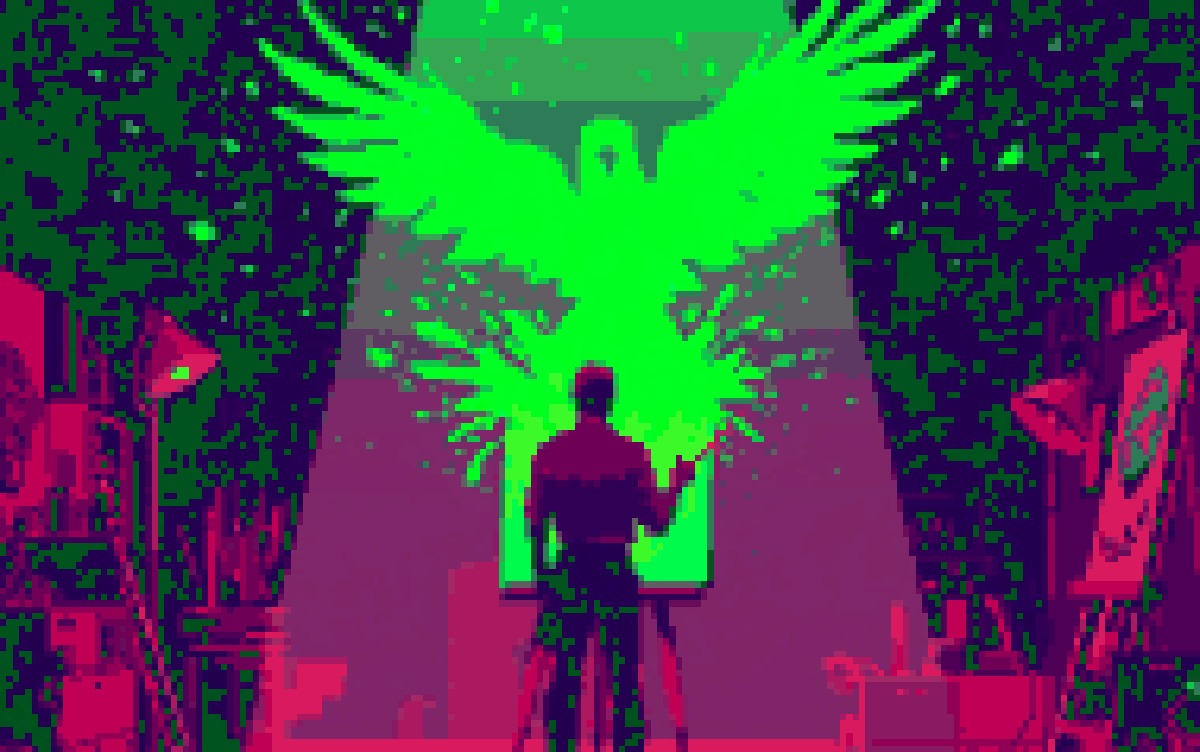 An artist at an easel with a huge glowing green bird bursting out of the canvas, in Cocoon pixel art
