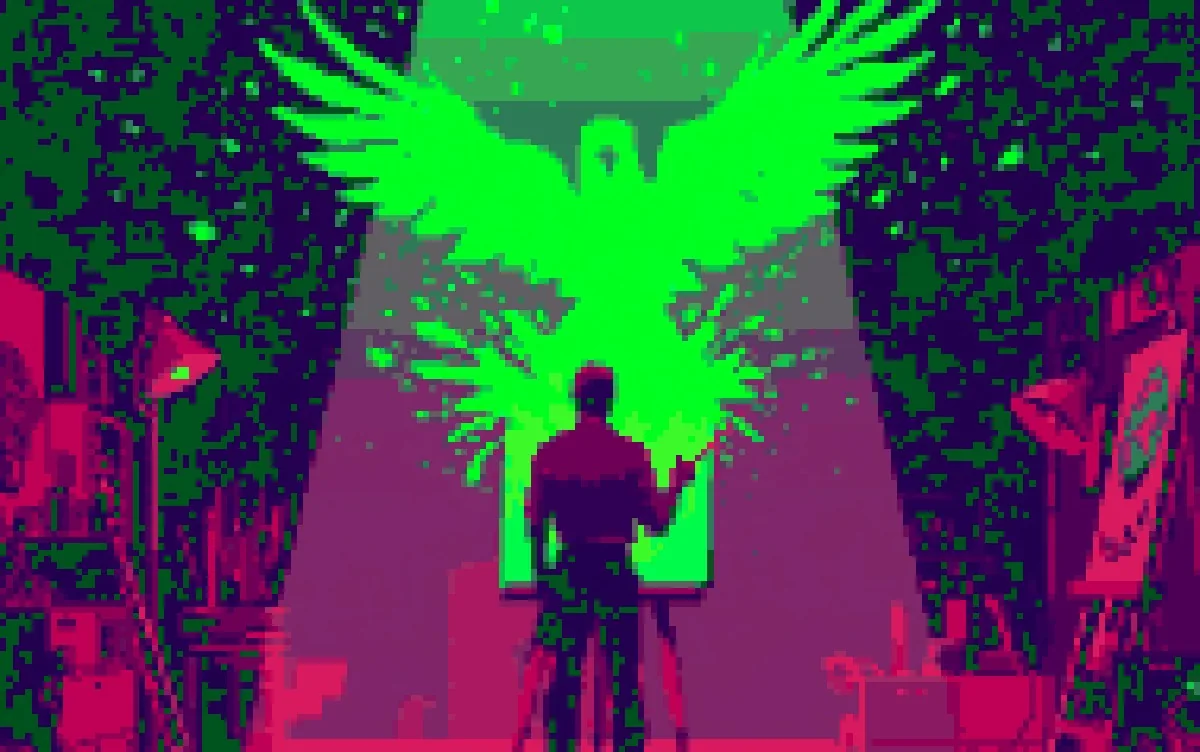 An artist at an easel with a huge glowing green bird bursting out of the canvas, in Cocoon pixel art