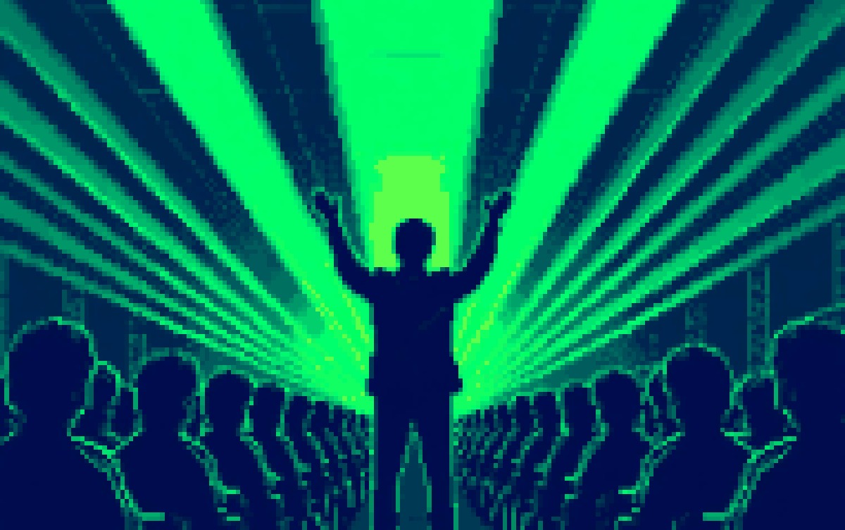 A teacher with arms raised conducting streams of glowing green light over rows of students, in Cocoon pixel art