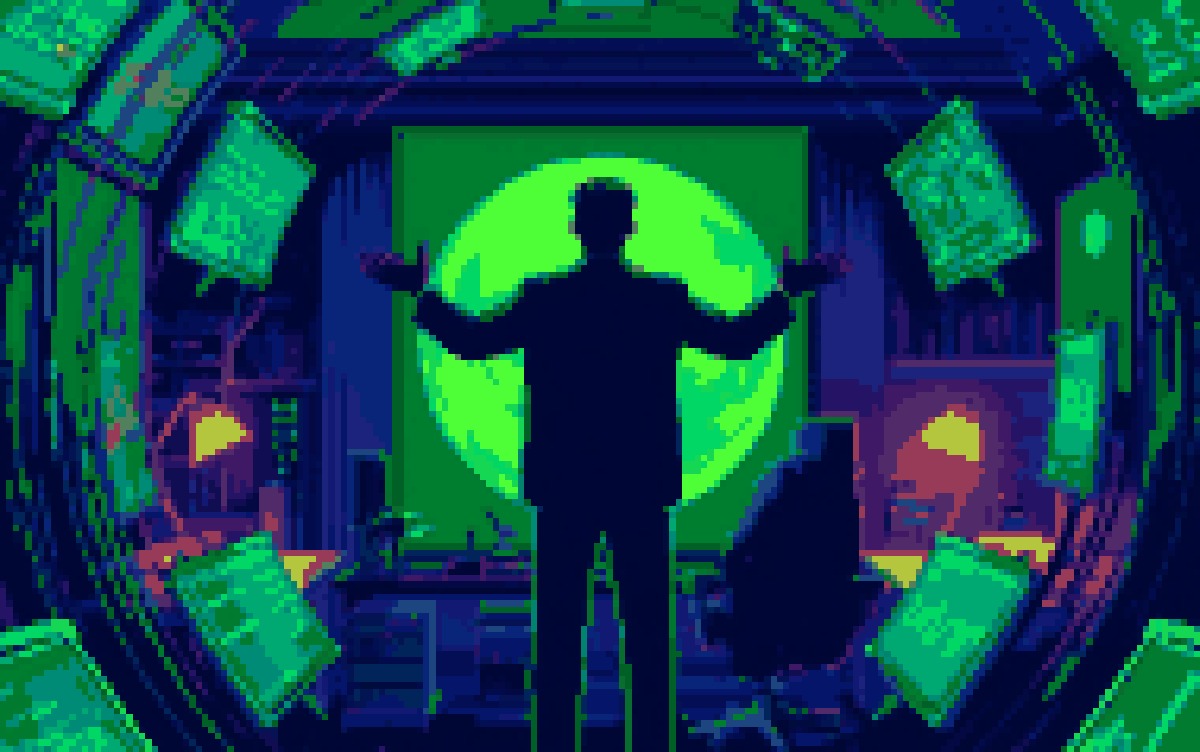 A professional at the centre of a swirling ring of glowing green screens and charts, in Cocoon pixel art