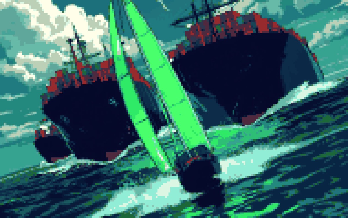 A small sailboat with a glowing green sail cutting past huge container ships, in Cocoon pixel art