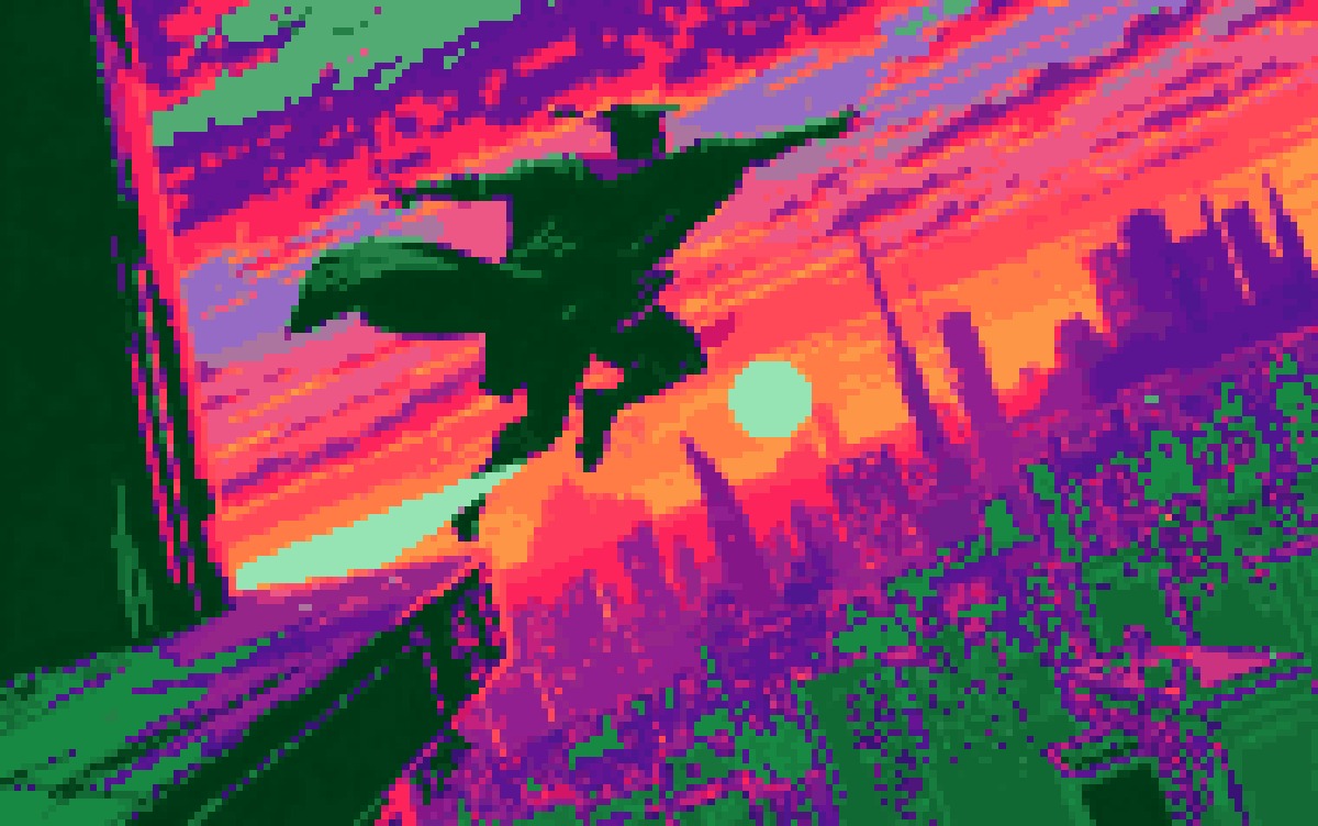 A graduate leaping from a ledge out toward a bright futuristic city, caught mid-air, in Cocoon pixel art