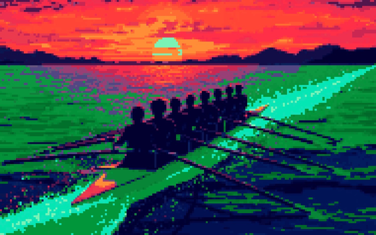 A rowing crew in perfect synchronised stroke cutting through water at sunrise, in Cocoon pixel art