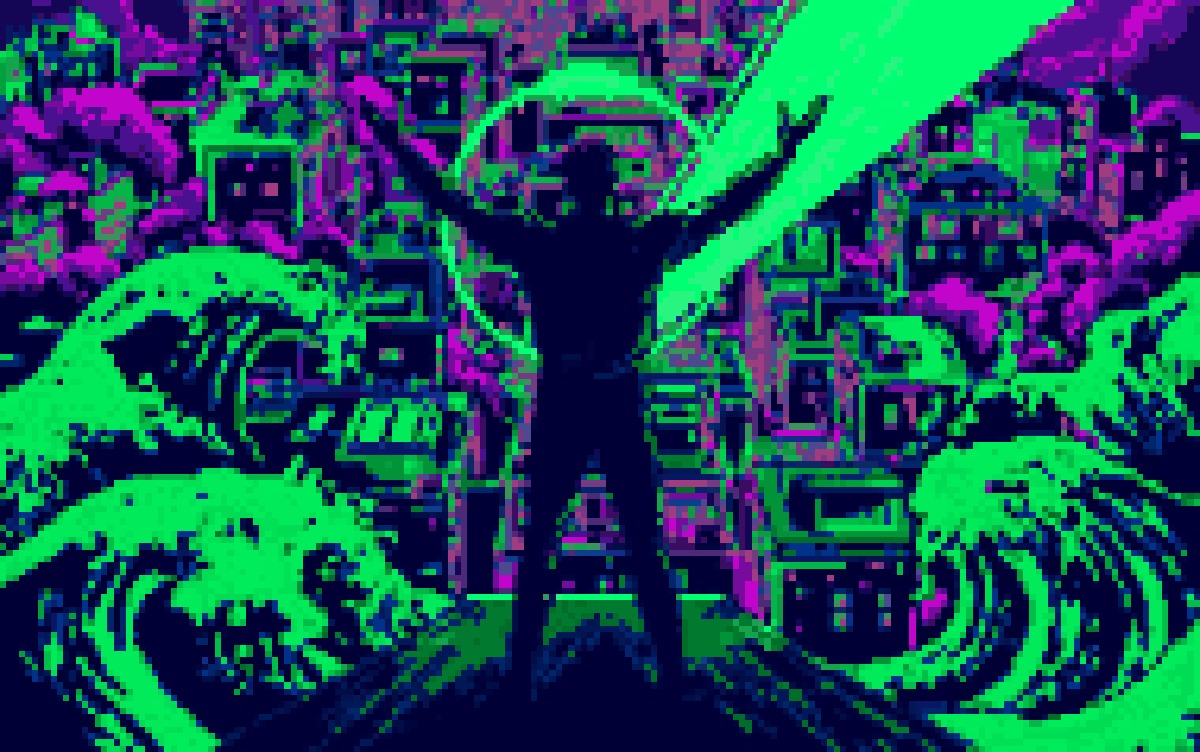 A figure on a rooftop with glowing green signal rings radiating out across a night city, in Cocoon pixel art