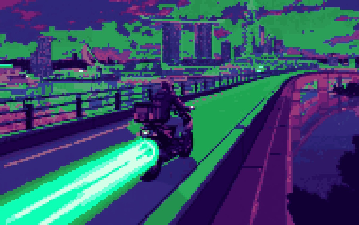 A rider speeding on a glowing green light trail along an elevated highway above the Singapore skyline, in Cocoon pixel art