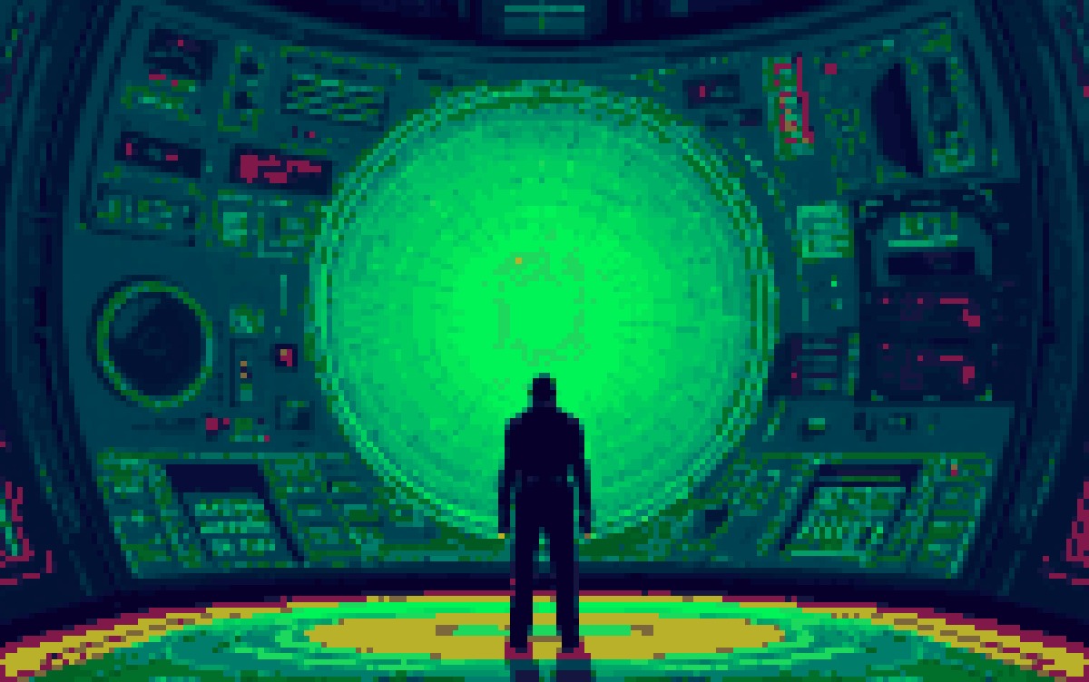 A single figure before an enormous glowing green control panel, in Cocoon pixel art