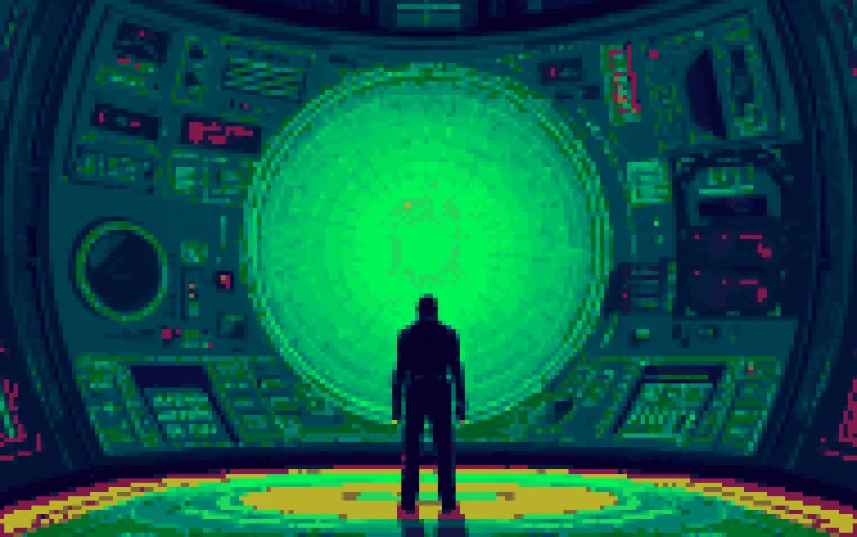 A single figure before an enormous glowing green control panel, in Cocoon pixel art